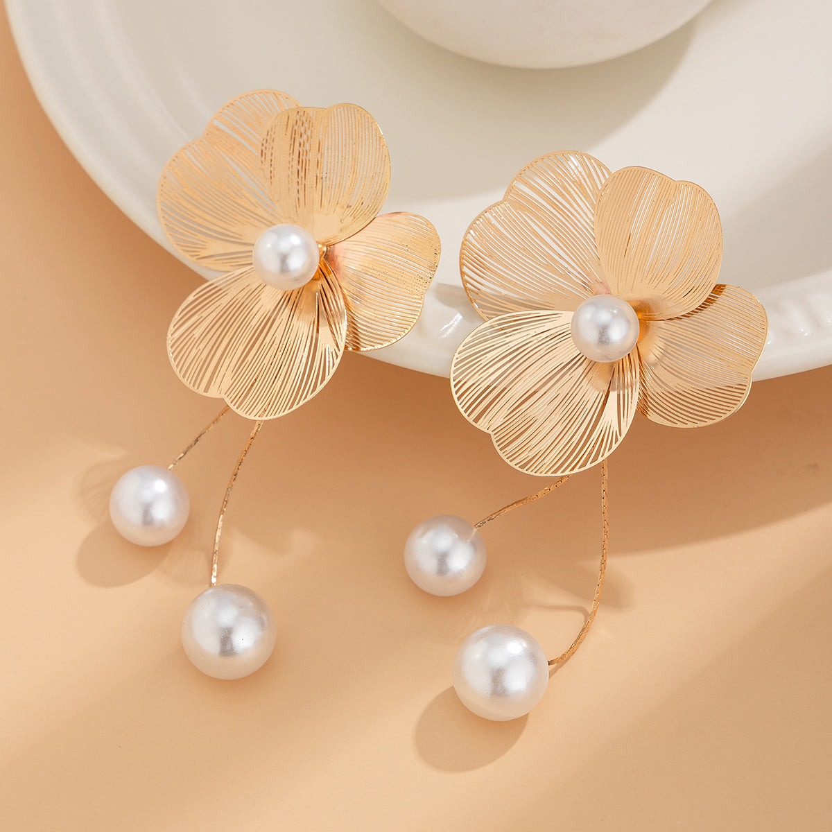 Gold Floral Pearl Drop Earrings