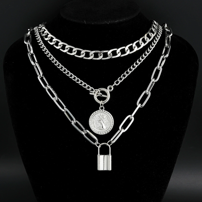 3pc Coin & Lock Pendant Chain Necklace Set