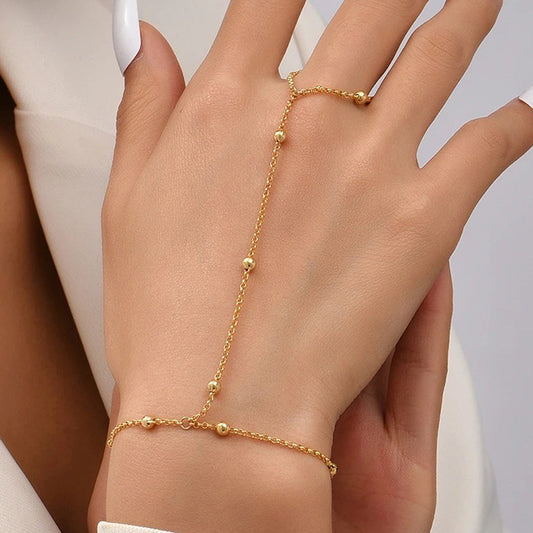 Gold Beaded Hand Chain Bracelet