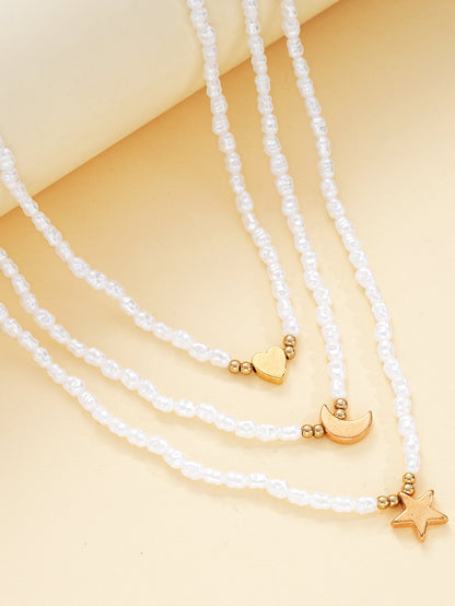 3pc Layered Pearl & Charm Necklace Set