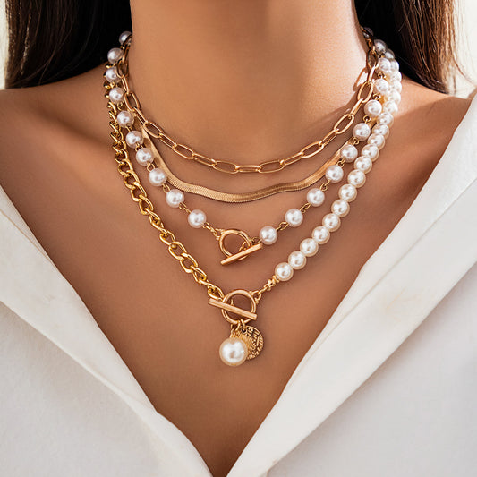 Layered Pearl and Chain Choker Necklace
