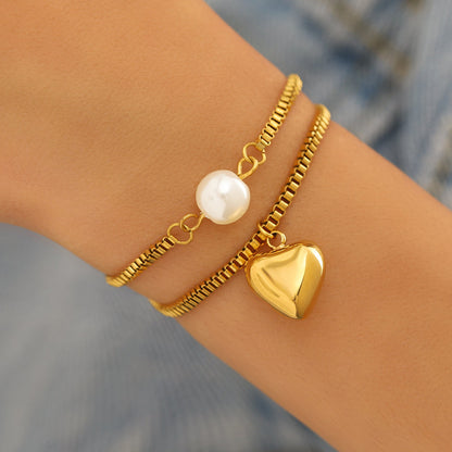 Gold Heart & Pearl Charm Bracelet Set