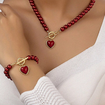 2pc Red Pearl Heart Jewelry Set
