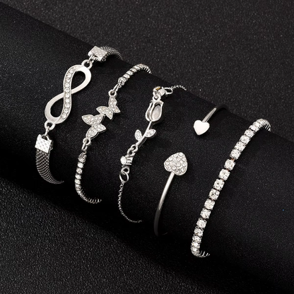 6pc Crystal Heart & Infinity Bracelet Stack