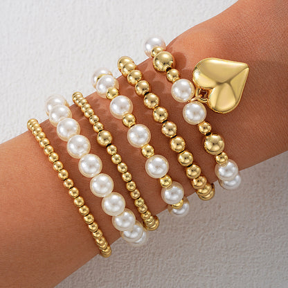 6pc Pearl & Gold Beaded Heart Bracelet Set