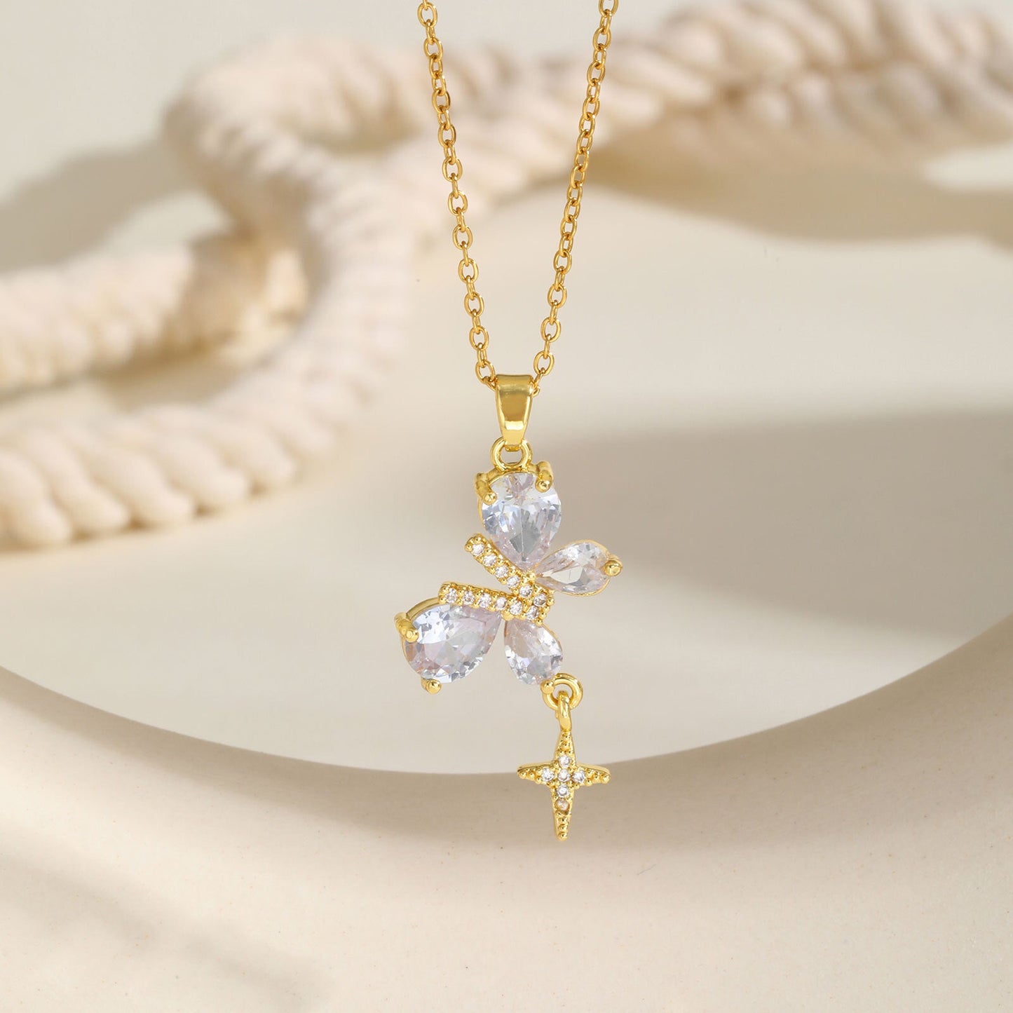 Gold Butterfly Flower Pendant Necklace