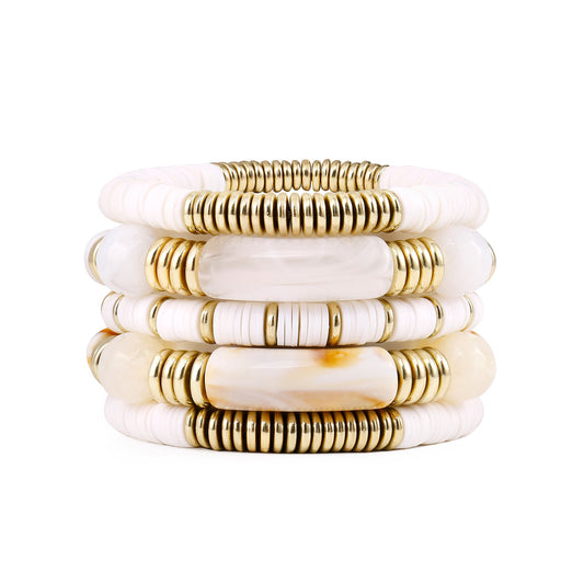 5pc White Resin & Gold Beaded Bracelet Set