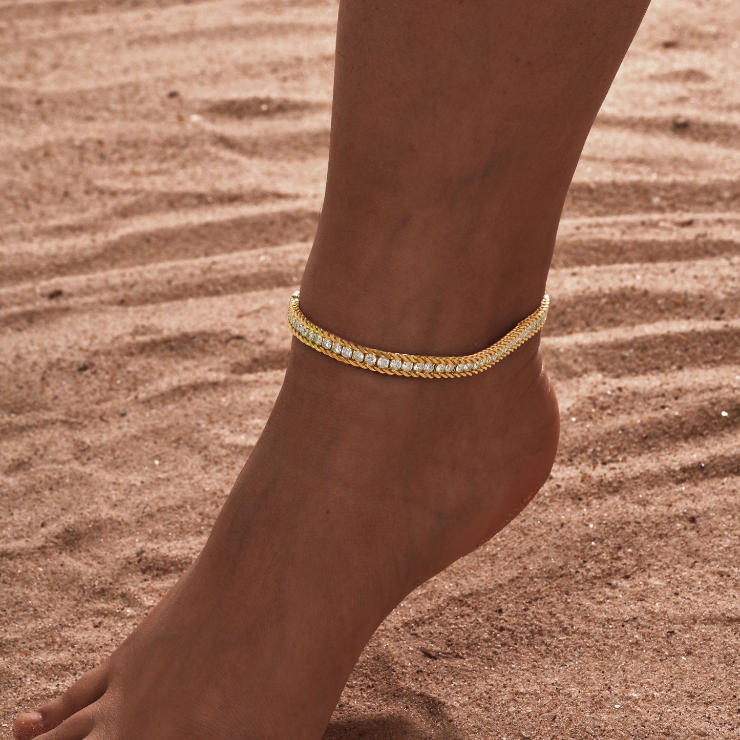 2pc Crystal Gold Chain Anklet Set