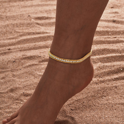 2pc Crystal Gold Chain Anklet Set