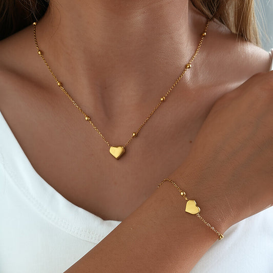 2pc Gold Heart Pendant Necklace & Bracelet Set