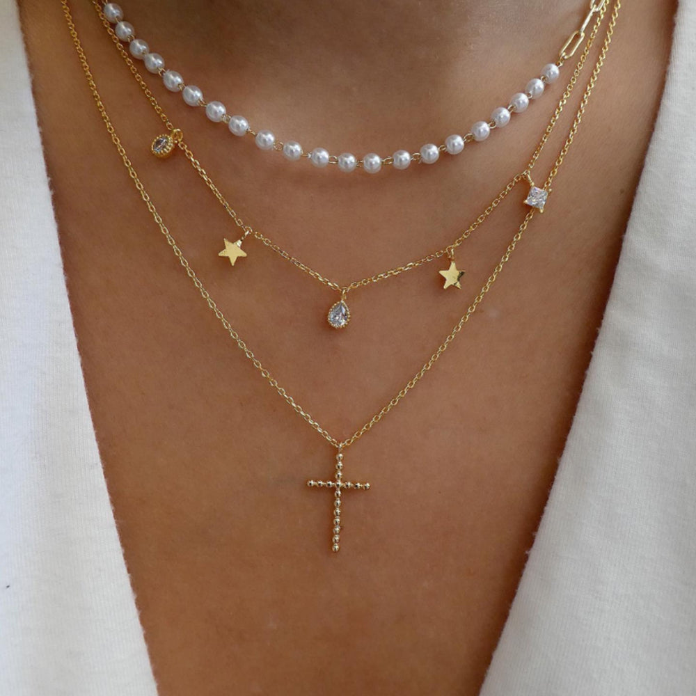 3pc Pearl Star & Cross Necklace Set