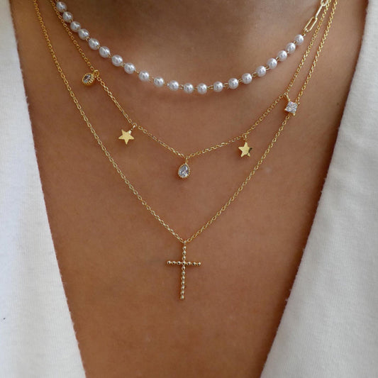 3pc Pearl Star & Cross Necklace Set