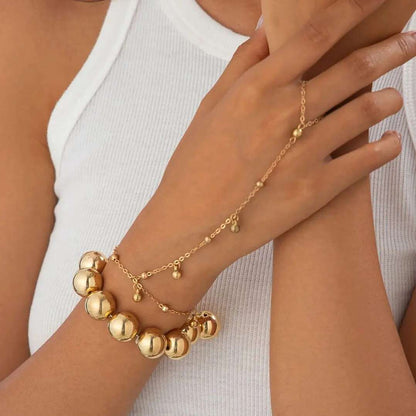 2pc Gold Beaded Ring Chain Bracelet Set