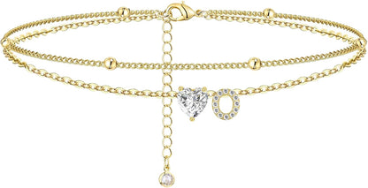 Gold Heart Charm Initial Anklet