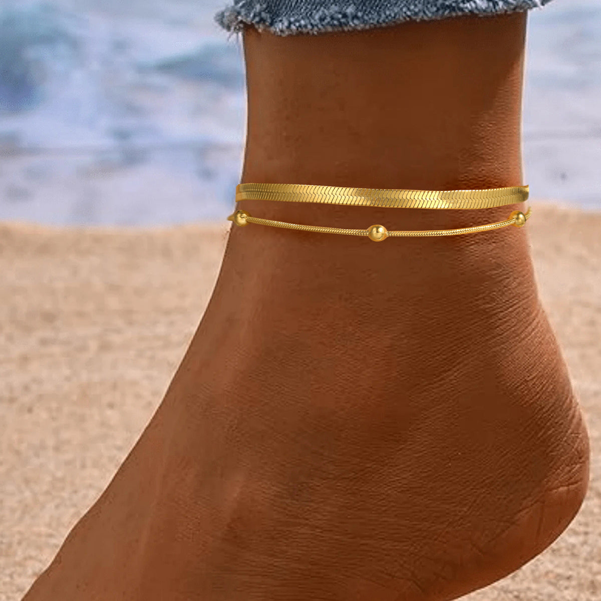 2pc Sleek Gold Layered Anklet Set