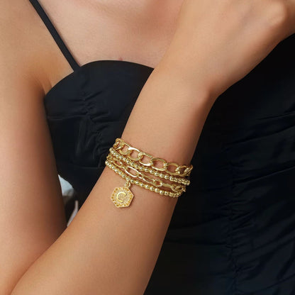 5pc Gold Beaded Chain Bracelet Set with Initial Charm