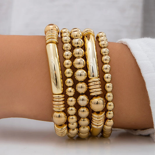 5pc Gold Beaded Stretch Bracelet Set