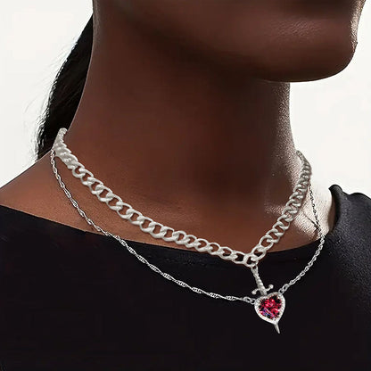 2pc Heart Sword Pendant Necklace Set