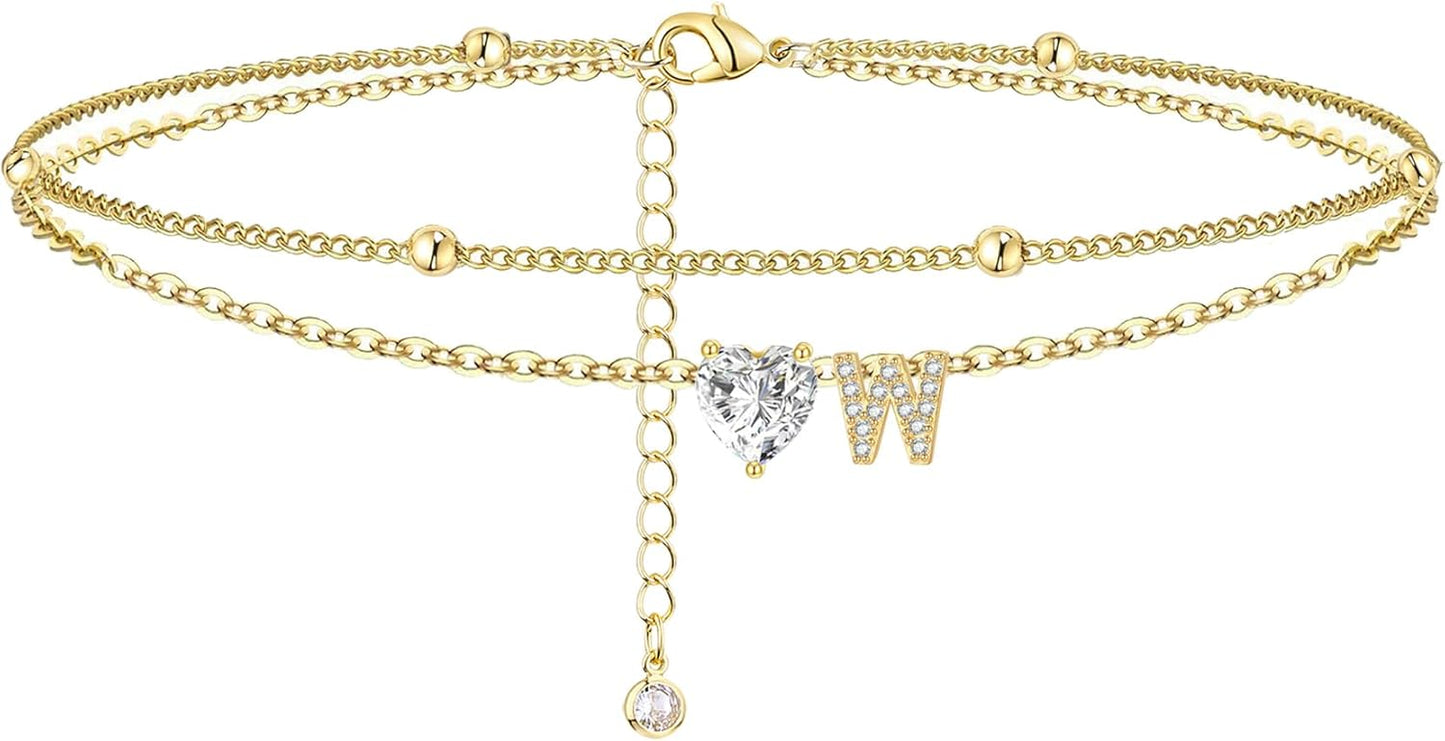 Gold Heart Charm Initial Anklet