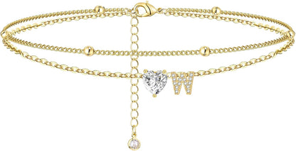 Gold Heart Charm Initial Anklet