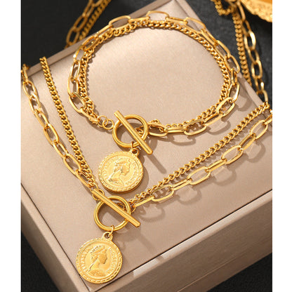 Coin Pendant Chain Necklace & Bracelet Set