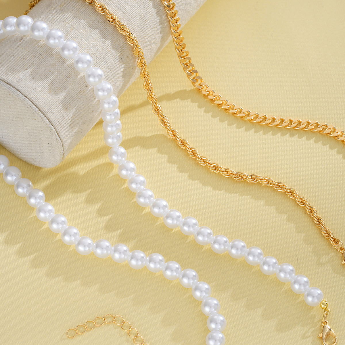 3pc Layered Pearl & Twisted Chain Necklace Set