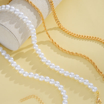 3pc Layered Pearl & Twisted Chain Necklace Set