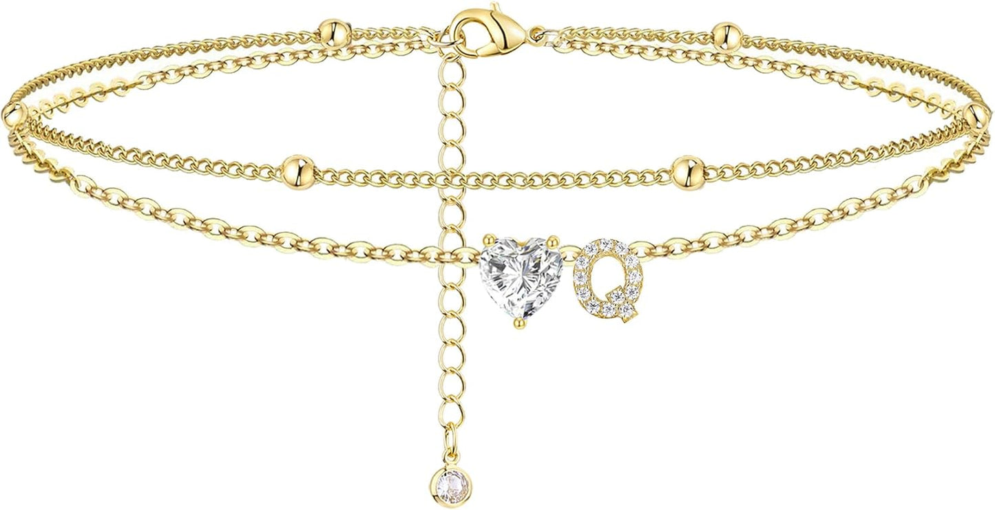 Gold Heart Charm Initial Anklet