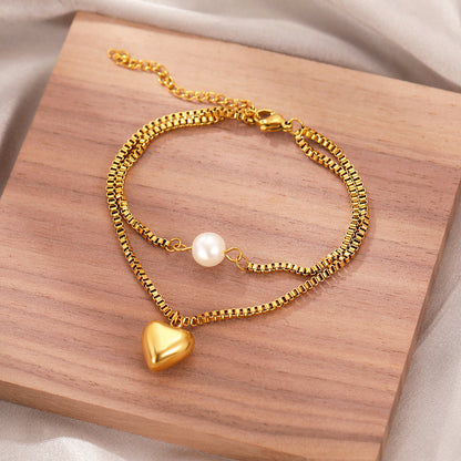 Gold Heart & Pearl Charm Bracelet Set
