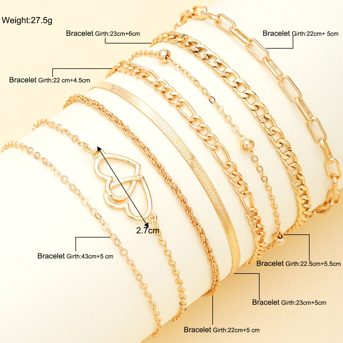 7pc Boho Double Heart Anklet Set