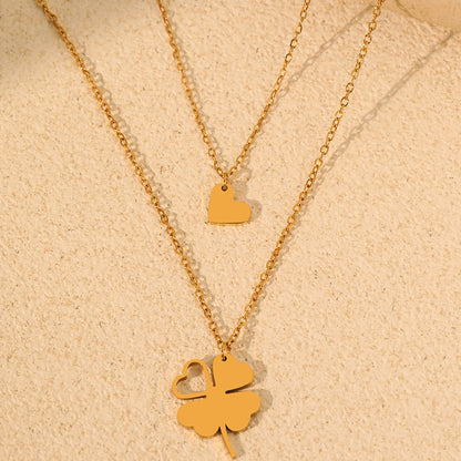 2pc Gold Clover & Heart Pendant Necklace Set