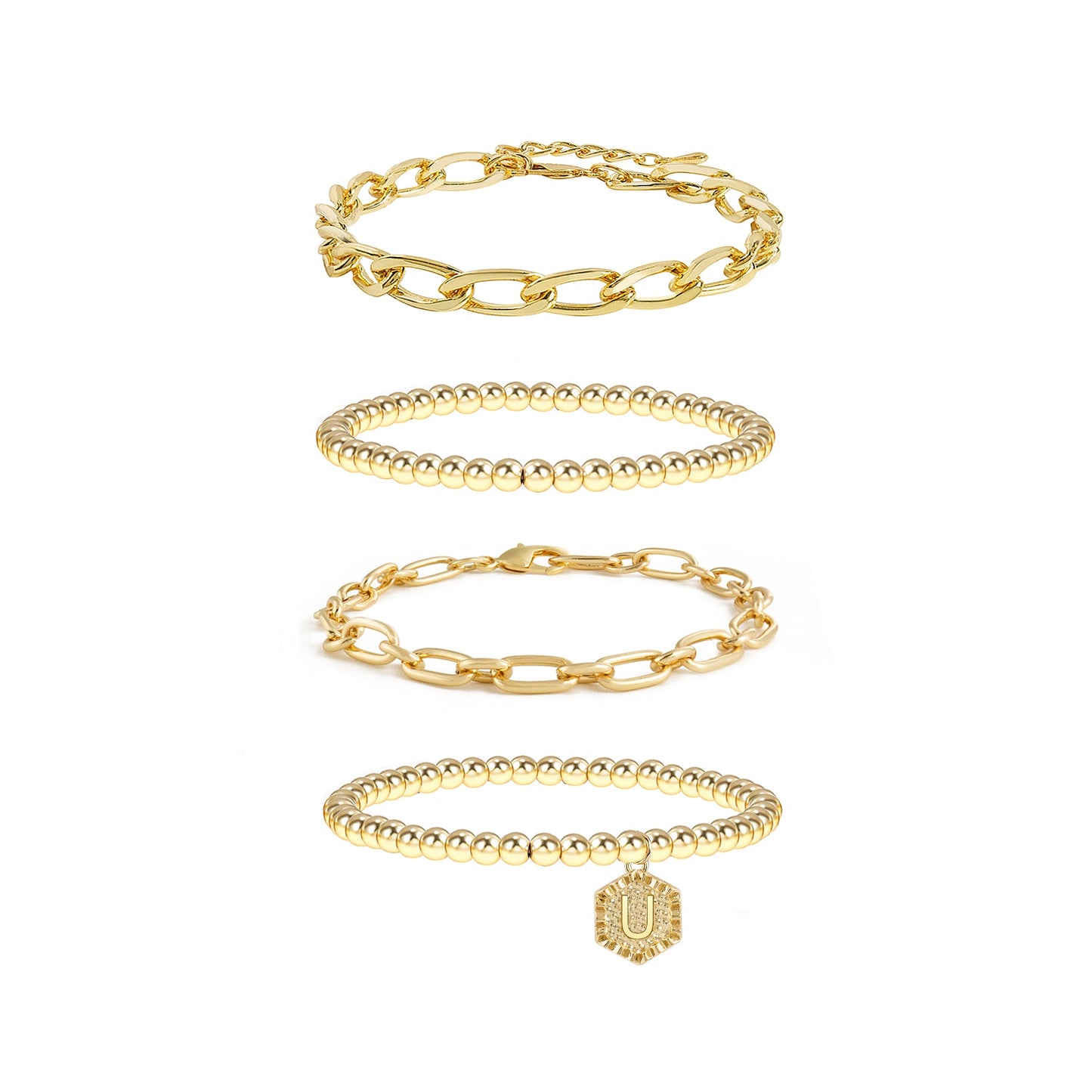5pc Gold Beaded Chain Bracelet Set with Initial Charm
