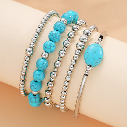 5pc Boho Turquoise & Silver Bangle Bracelet Set