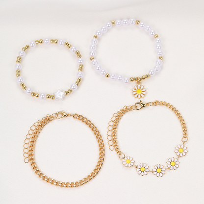5pc Vintage Daisy & Pearl Bracelet Set
