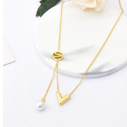 Gold V Drop Pearl Pendant Necklace