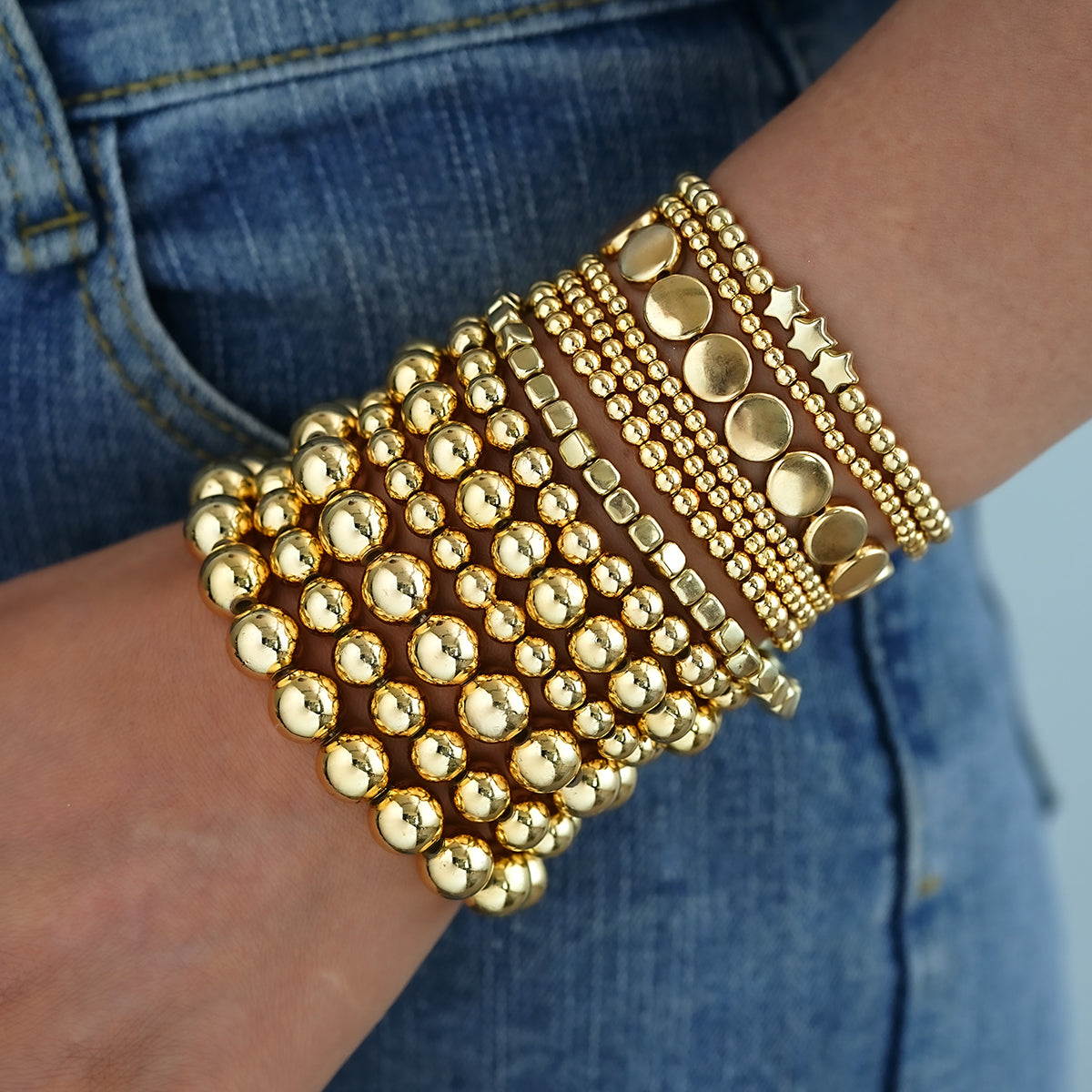 12pc Mixed Beaded Gold Bracelet Stack