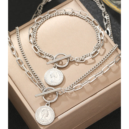 Coin Pendant Chain Necklace & Bracelet Set