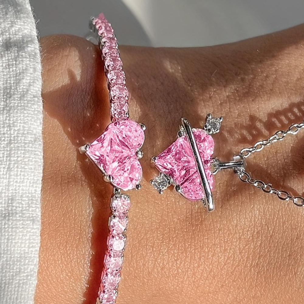 Pink Heart Crystal Necklace & Bracelet Set