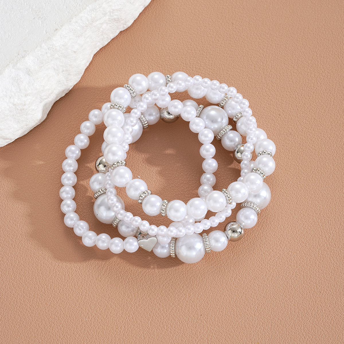 4pc White Pearl Beaded Bracelet Set