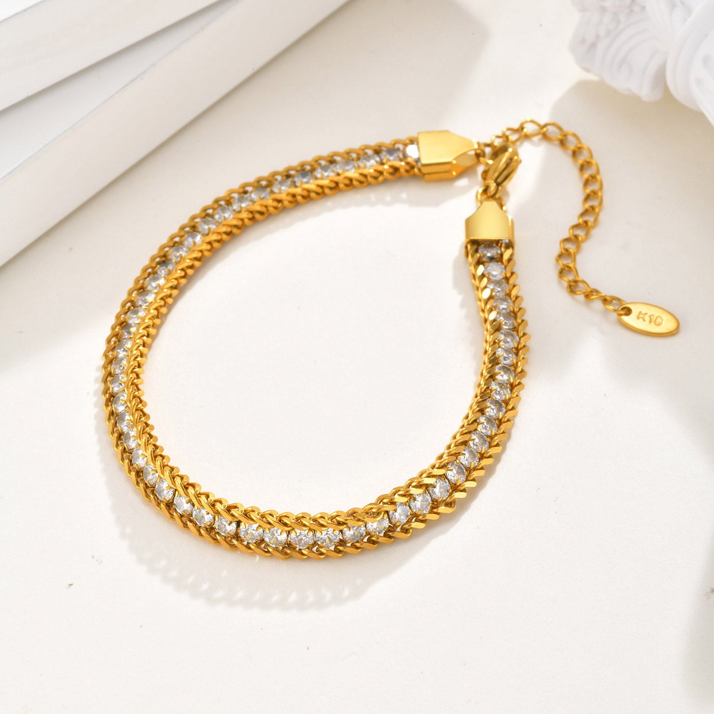 2pc Crystal Gold Chain Anklet Set