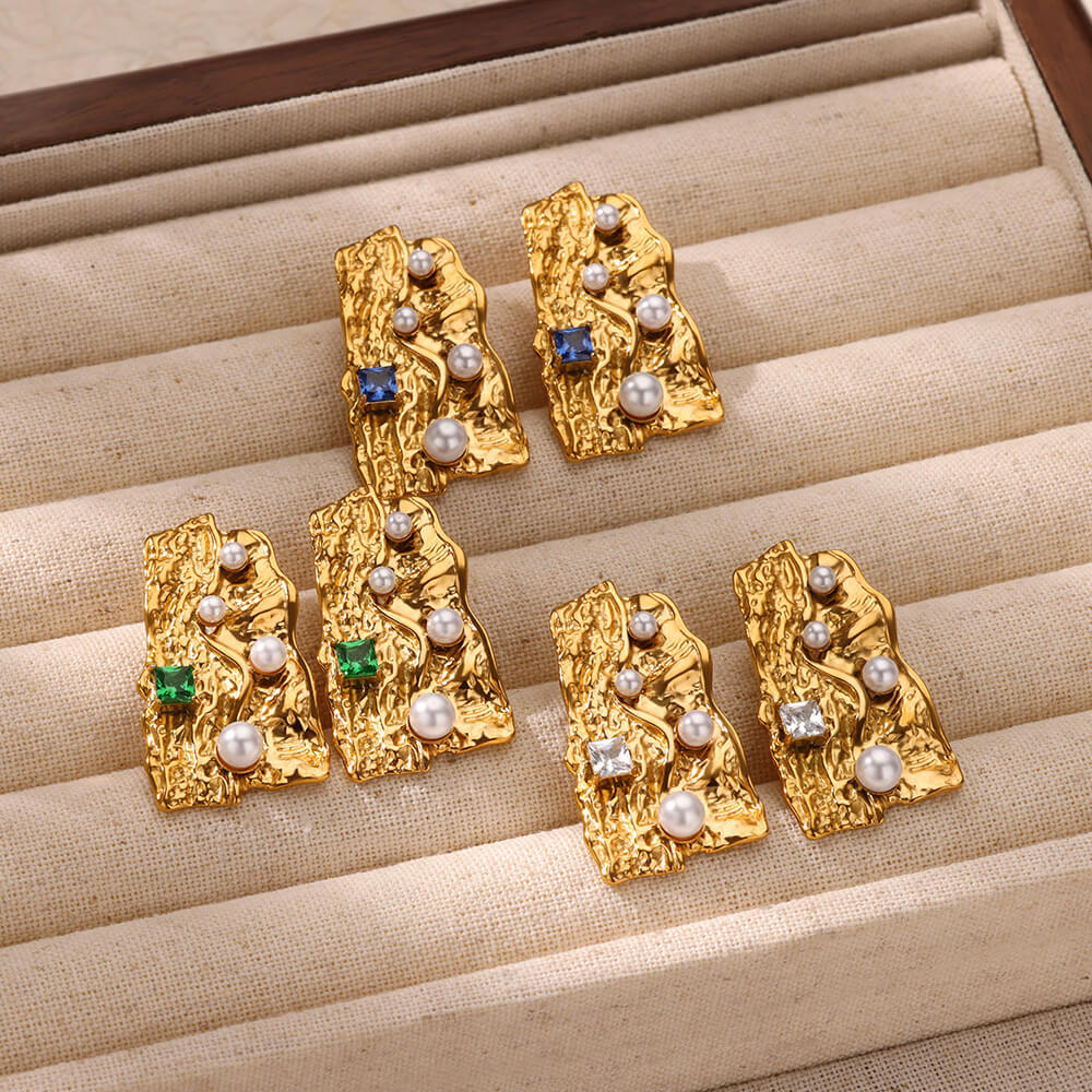 Irregular Gem & Pearl Drop Earrings