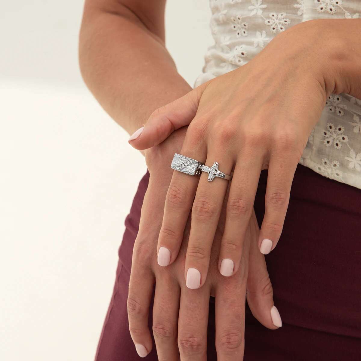 2pc Punk Cross Rhinestone Ring Set