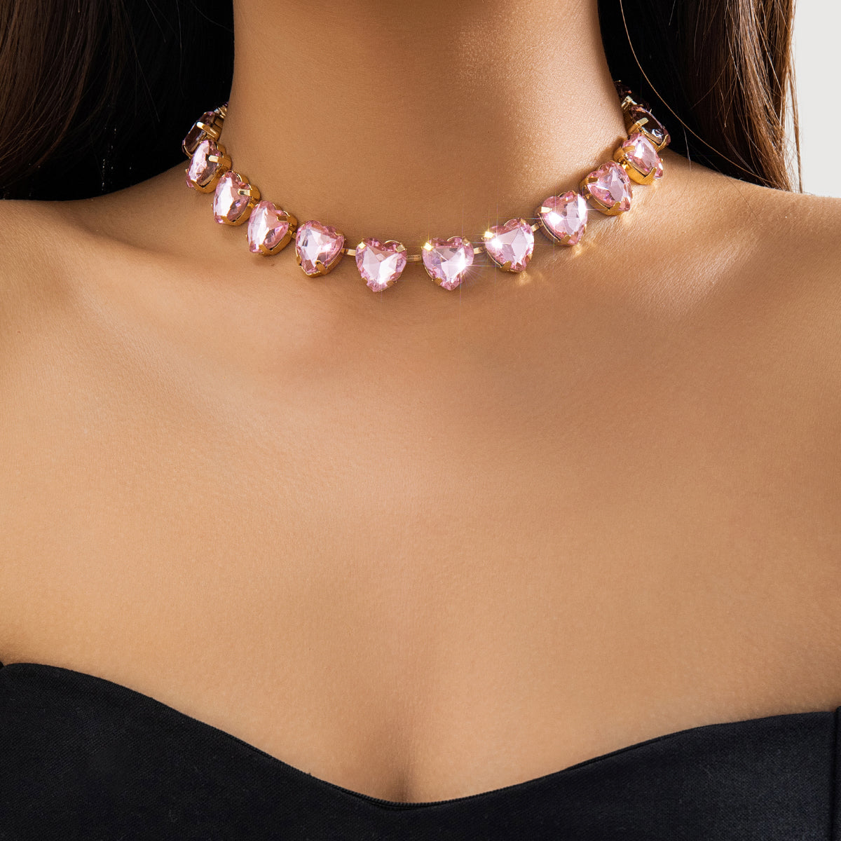 Pink Heart Crystal Choker Necklace