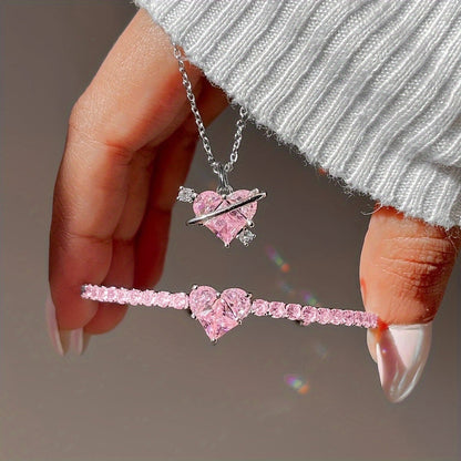 Pink Heart Crystal Necklace & Bracelet Set