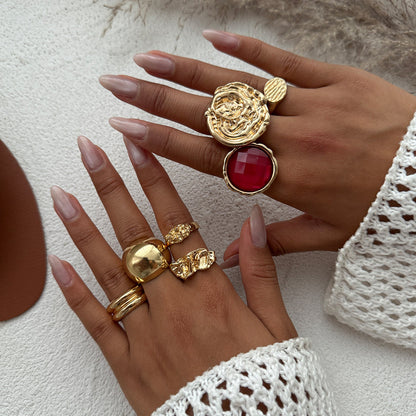 7pc Retro Rose & Geometric Ring Set
