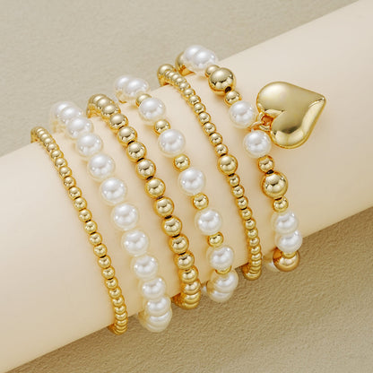 6pc Pearl & Gold Beaded Heart Bracelet Set