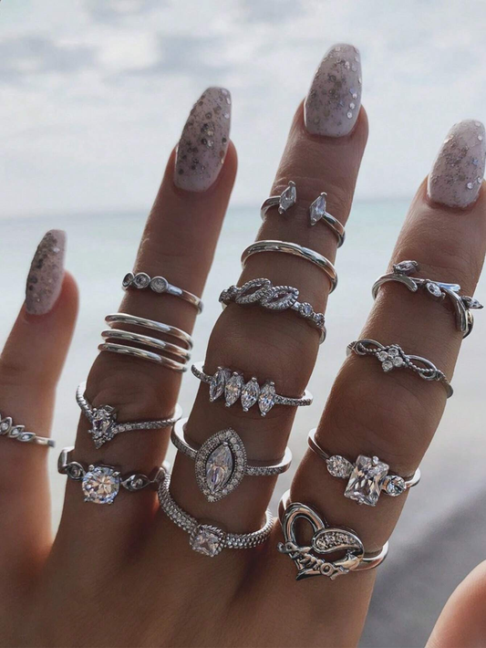 15pc Silver Crystal Statement Ring Set