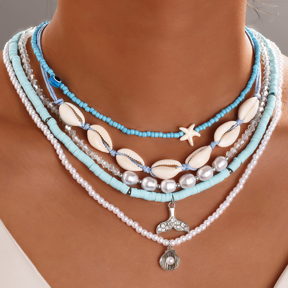 5pc Boho Shell & Bead Necklace Set