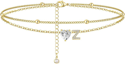 Gold Heart Charm Initial Anklet