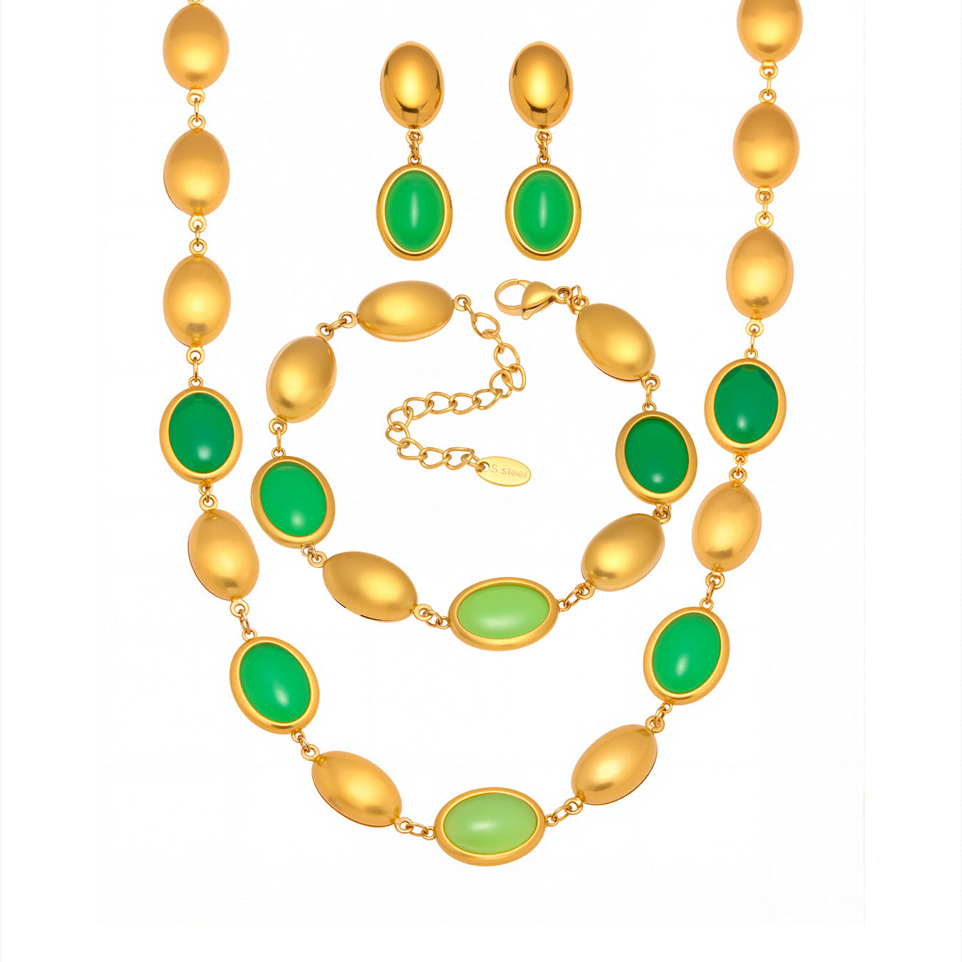 3pc Green Oval Stone Jewelry Set